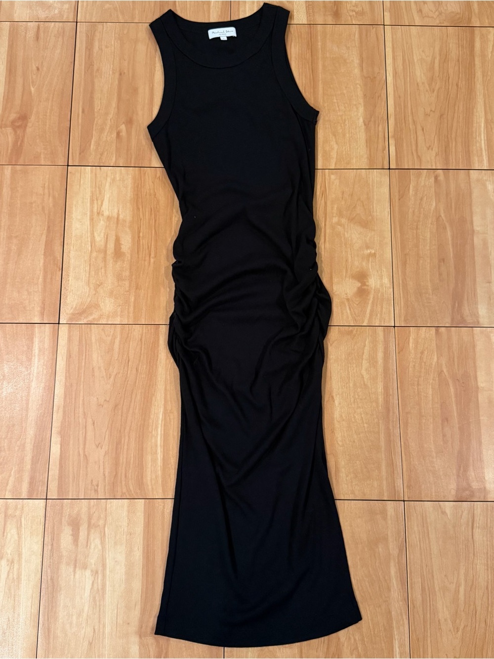 Michael Stars Wren Black Ribbed Ruched Midi Dress Small - Picture 2 of 5